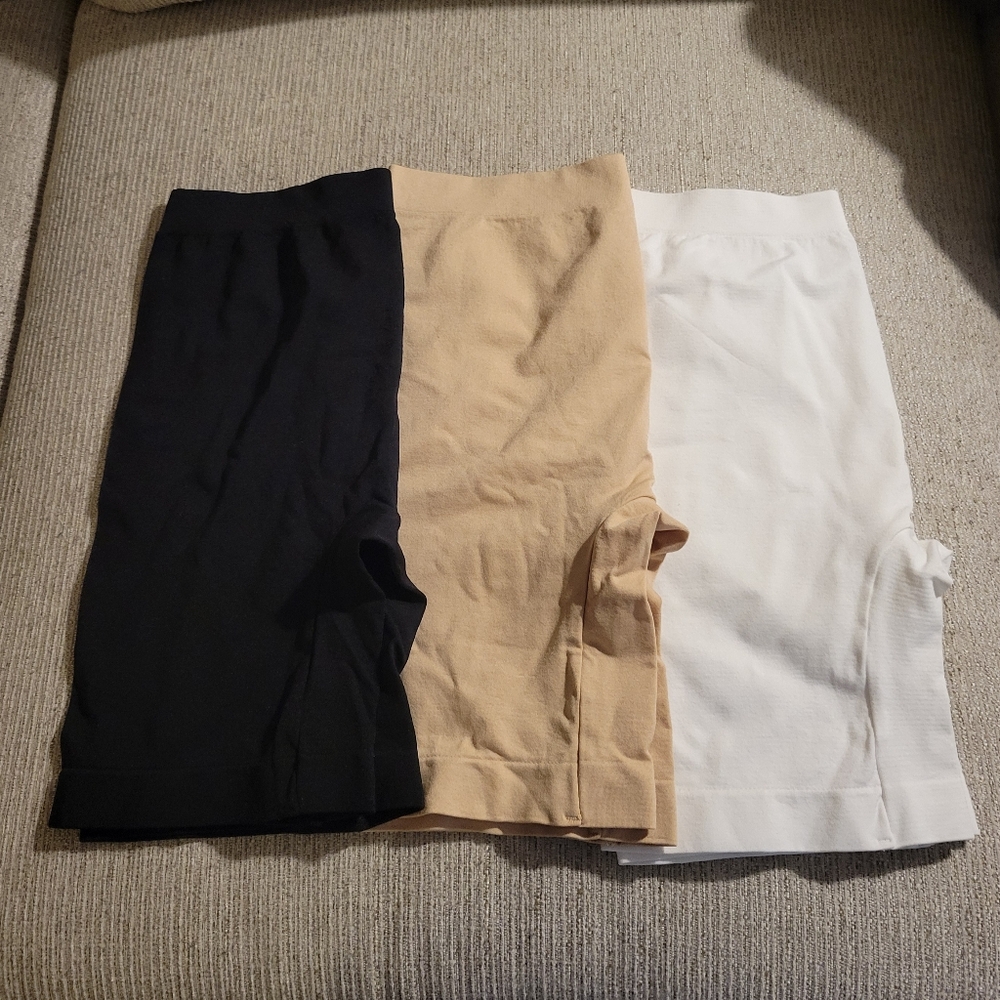 3 pack of slip shorts in black, nude, and white
